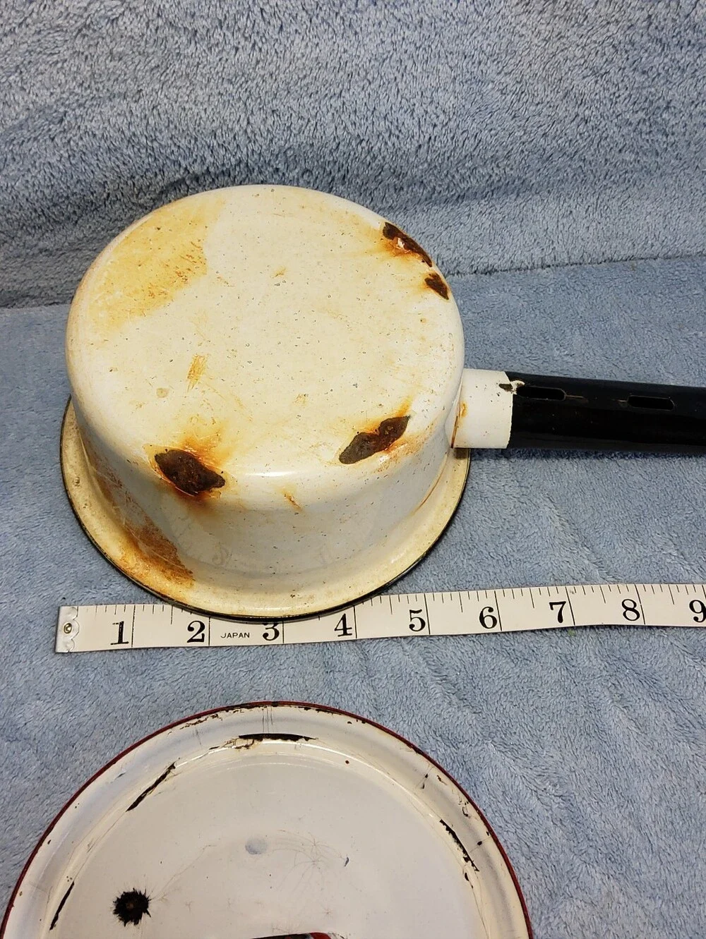 Vintage Enamelware Saucepan Pot With Lid White Black Red Trim Farmhouse Decor
